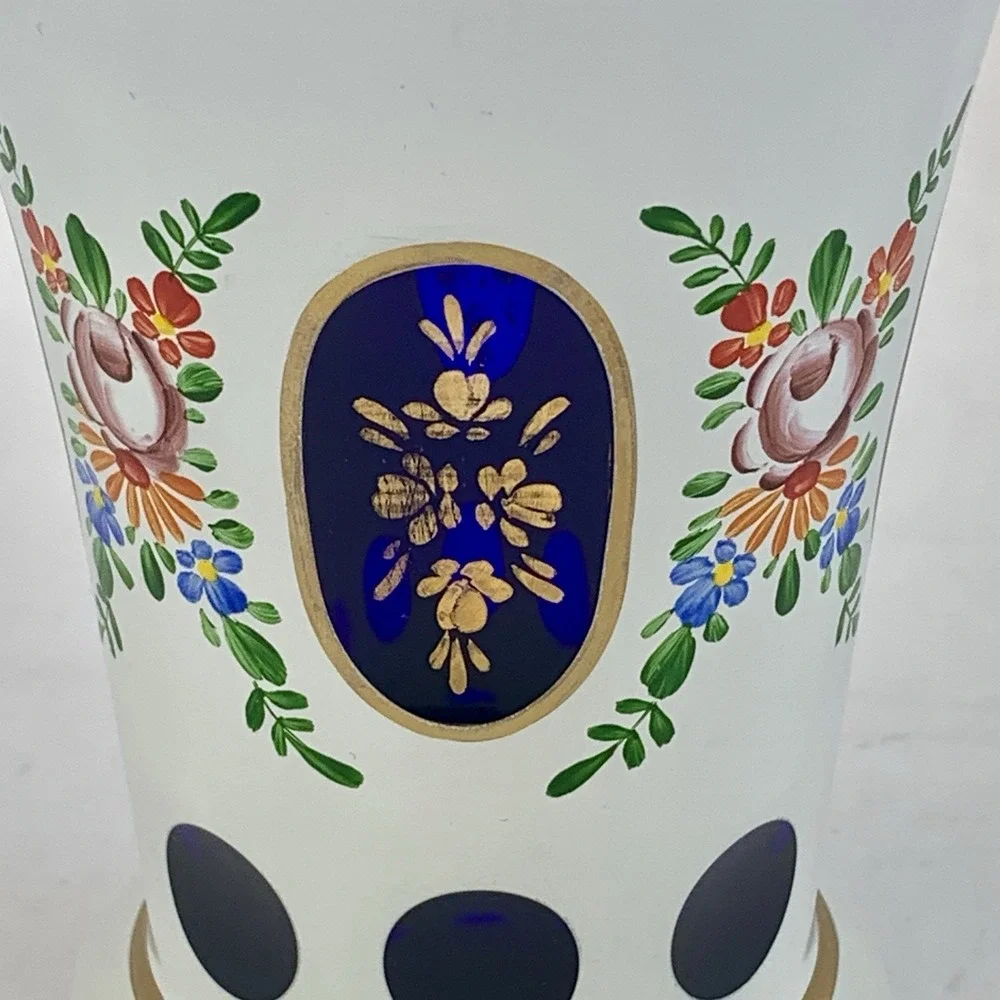 LAUSITZER GLAS Cobalt Blue Cut Crystal Vase Enameled Hand Painted Floral German